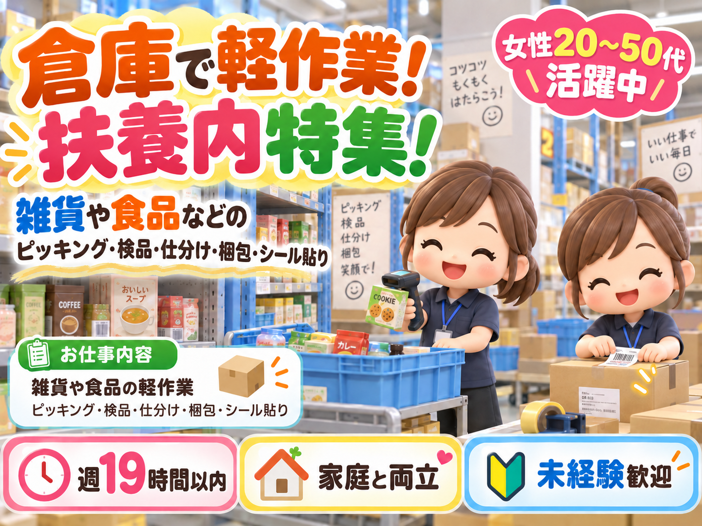 【扶養内特集！】倉庫で軽作業！雑貨や食品などのピッキング・検品・仕分け・梱包・シール貼り