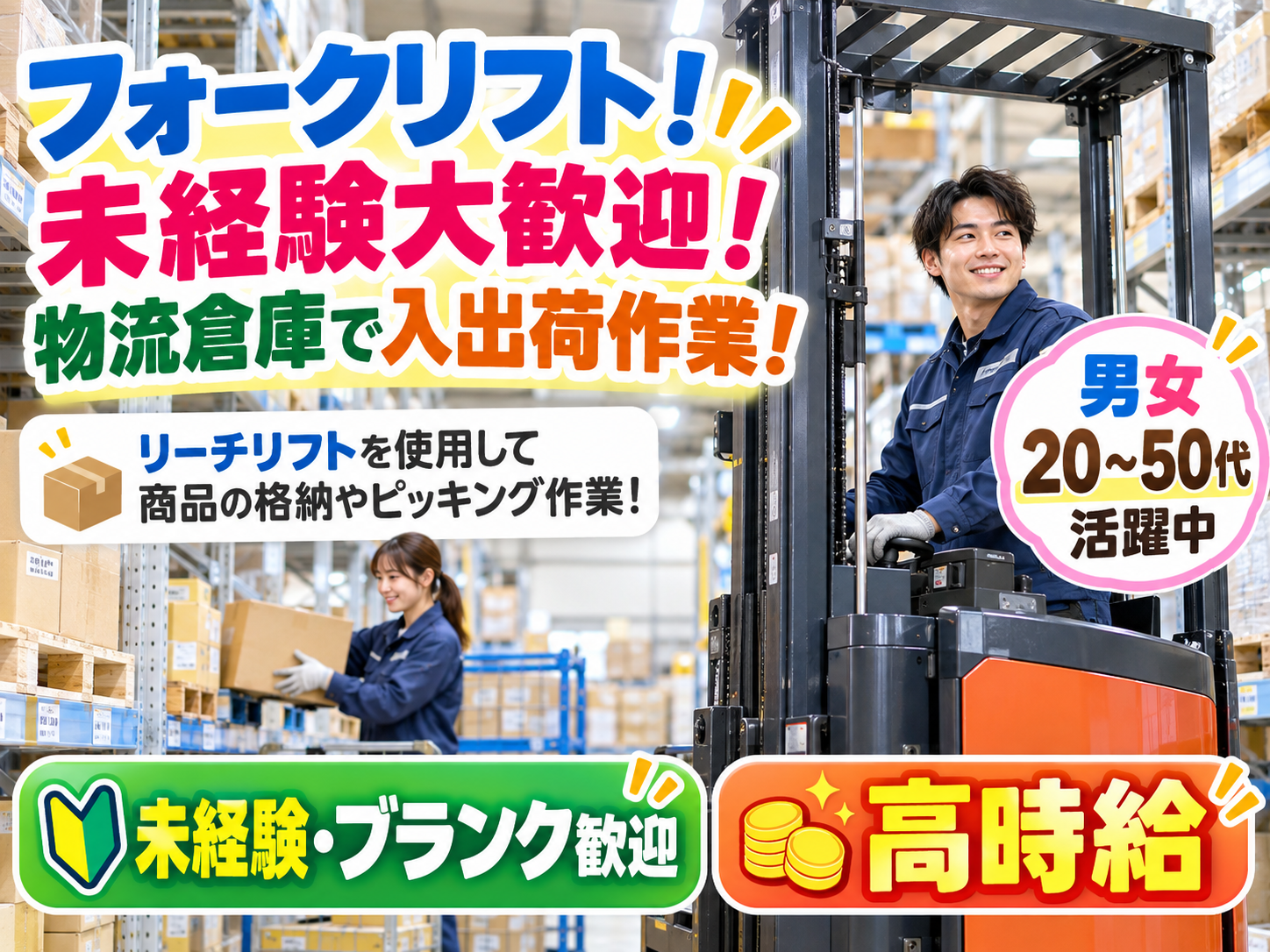 【久山町】高時給！！きれいな新倉庫でフォークリフト作業！男女活躍中！