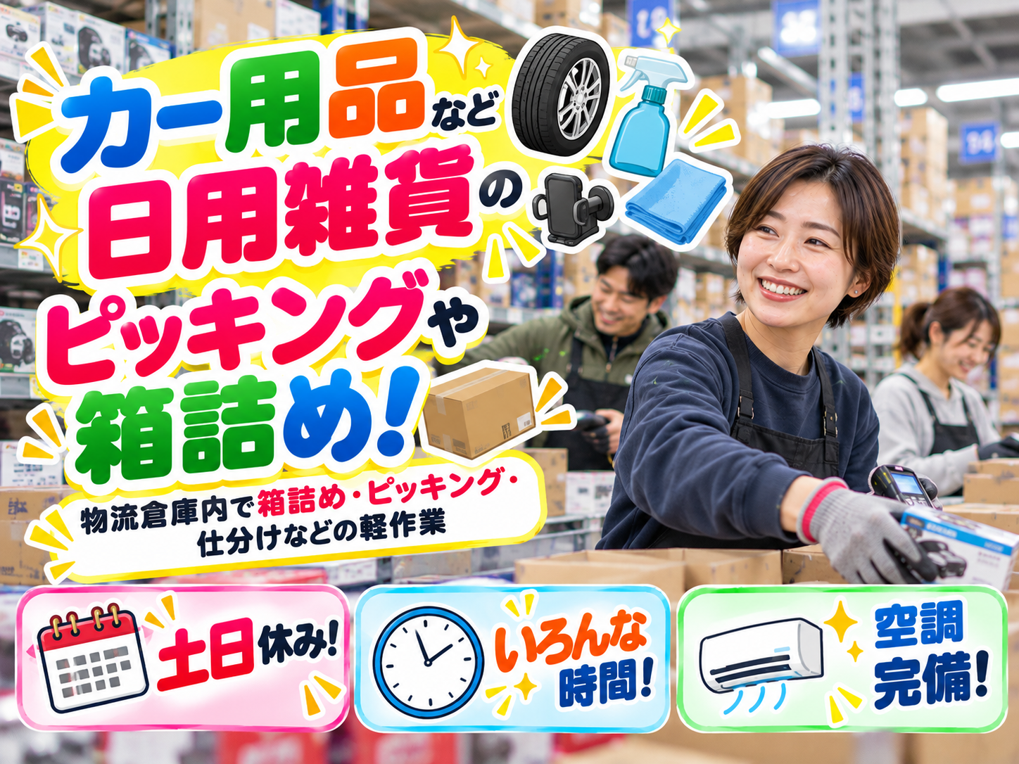 ⚡土日休み⚡ホームセンター向け商品ピッキングや箱詰め・梱包などの軽作業!