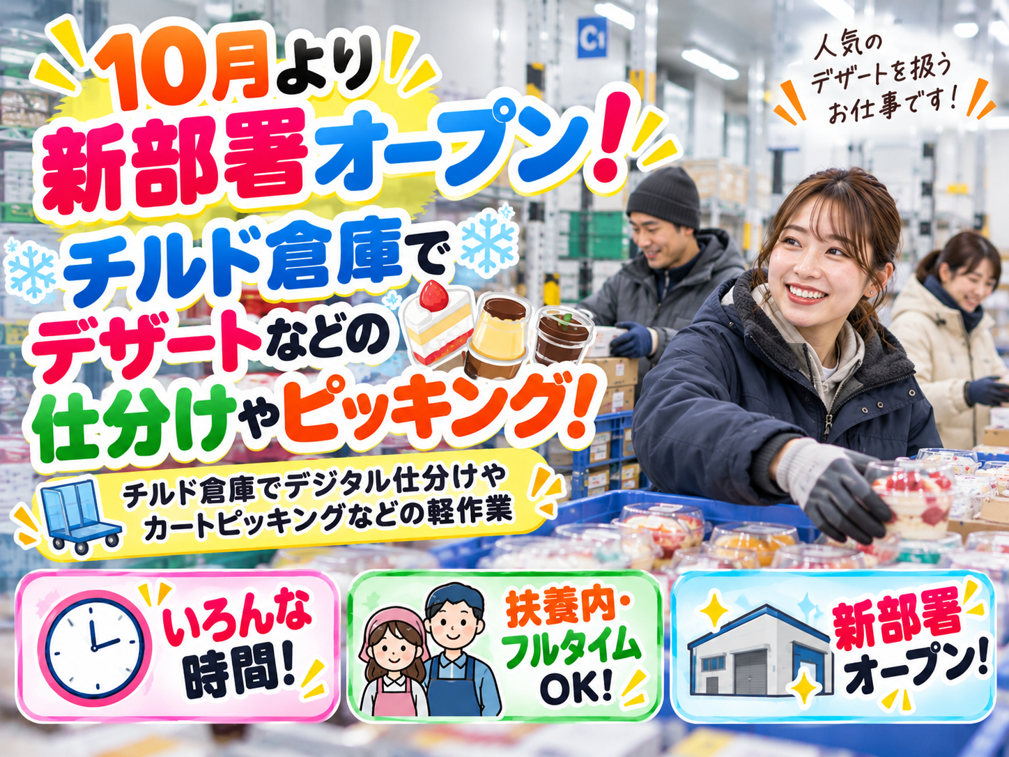 ⚡10月より新部署オープン⚡デザートなどの仕分けやピッキング／豊富な時間帯！重たい物なし！