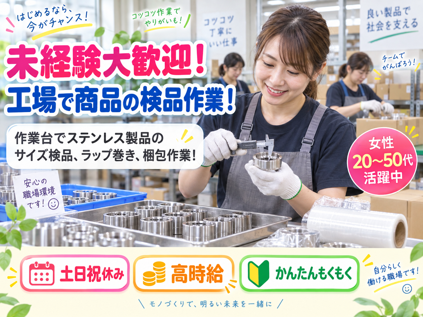 ⚡土日祝休み⚡ステンレス製品の検査・仕上げ作業｜日勤8:30～17:20