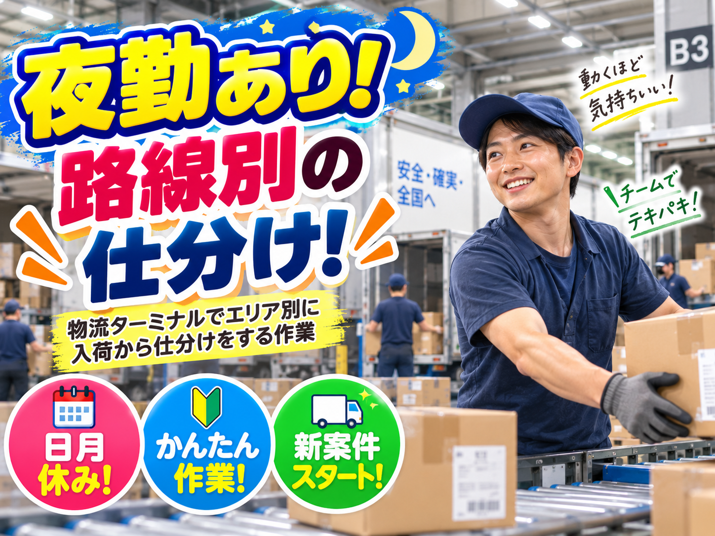 j0666人気の夜勤✨路線別の仕分け✨商品の入荷から出荷まで/通勤しやすい職場!かんたんもくもく作業!